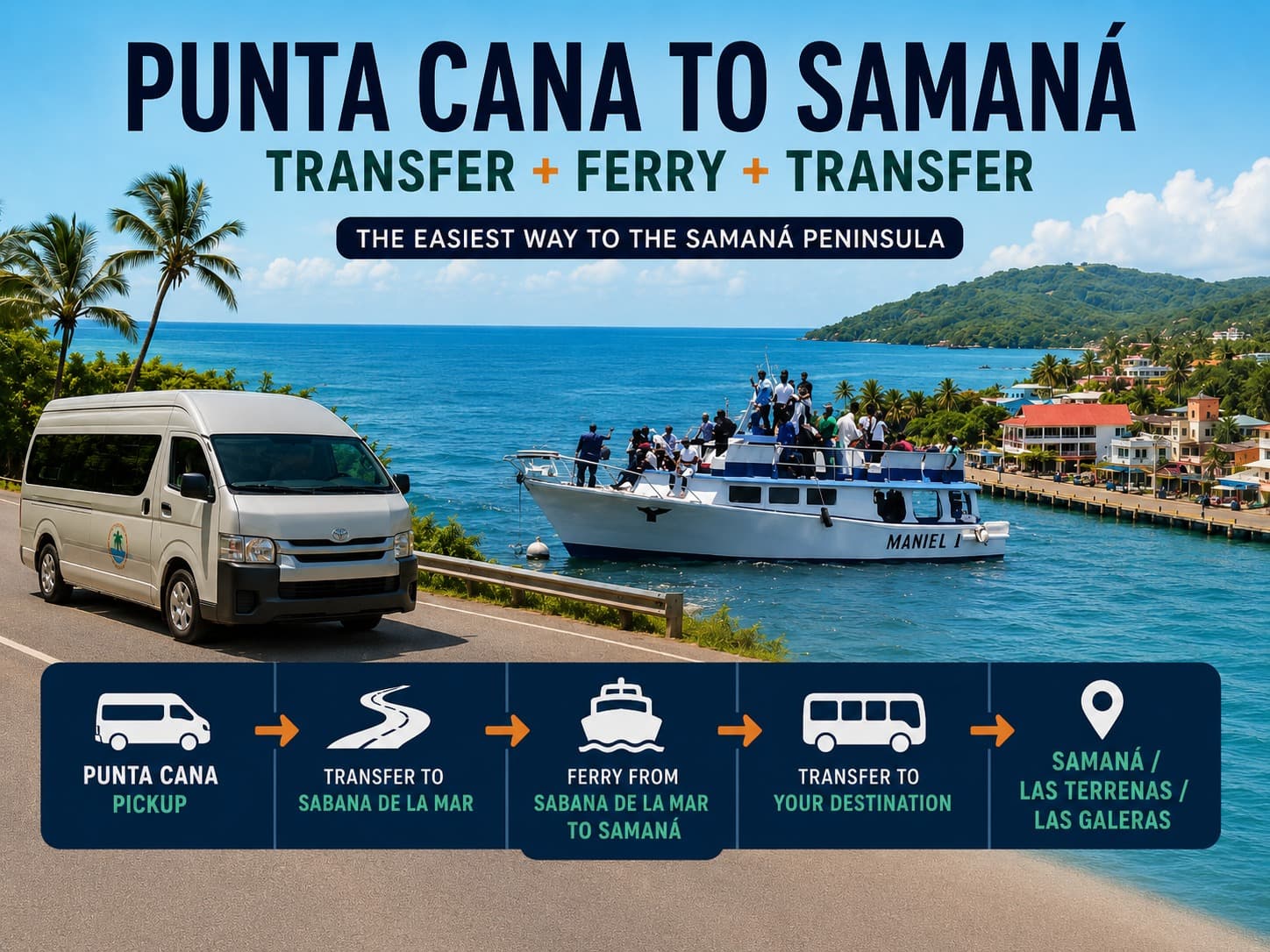 Ferry de Punta Cana a Samaná: Traslado Completo en Bus o Van + Ferry + Traslado Final a Samaná, Las Terrenas y Las Galeras
